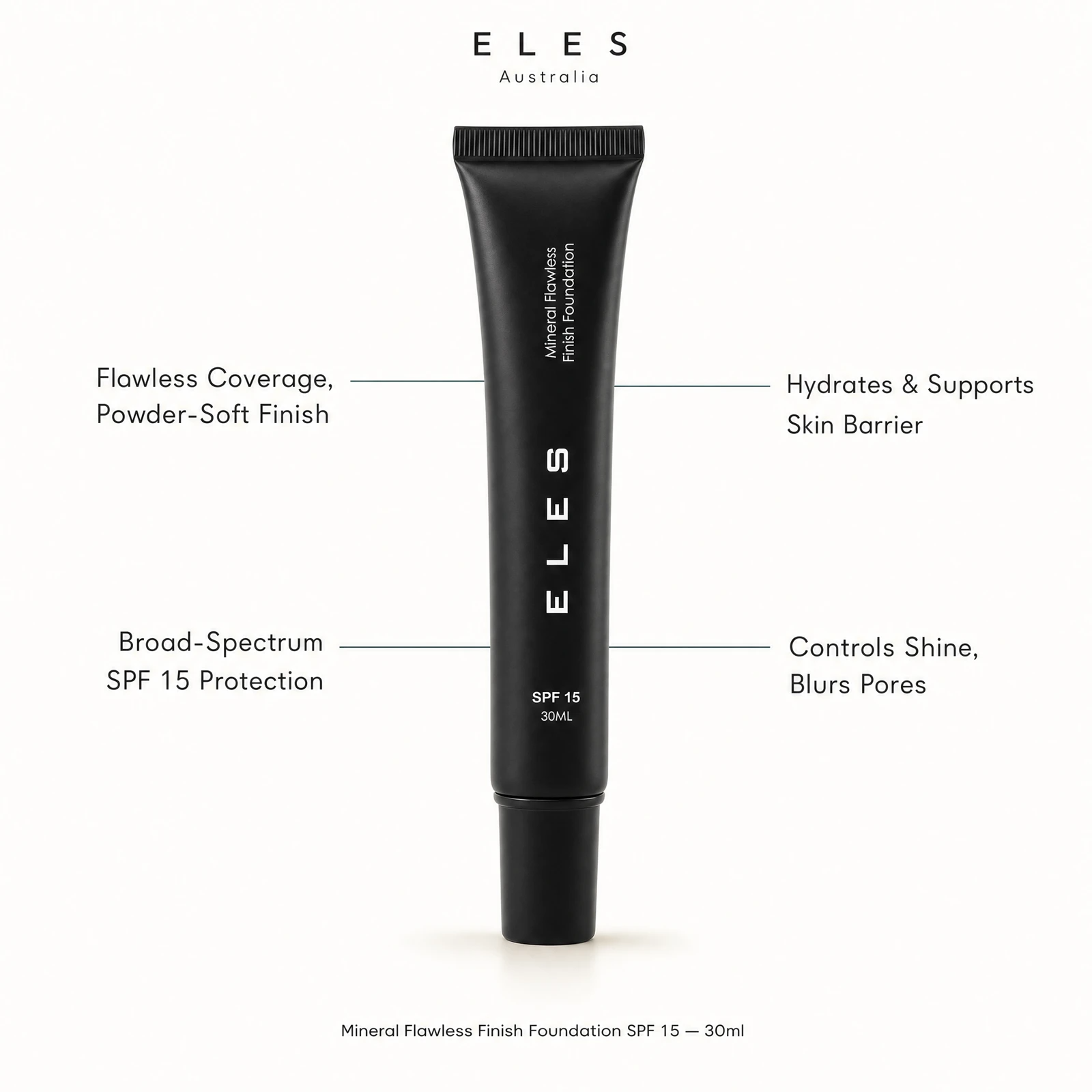 ELES Mineral Flawless Finish Foundation SPF 15 30ml benefit callout showing flawless coverage, SPF 15 protection, hydration and shine control for professional clinic and salon use