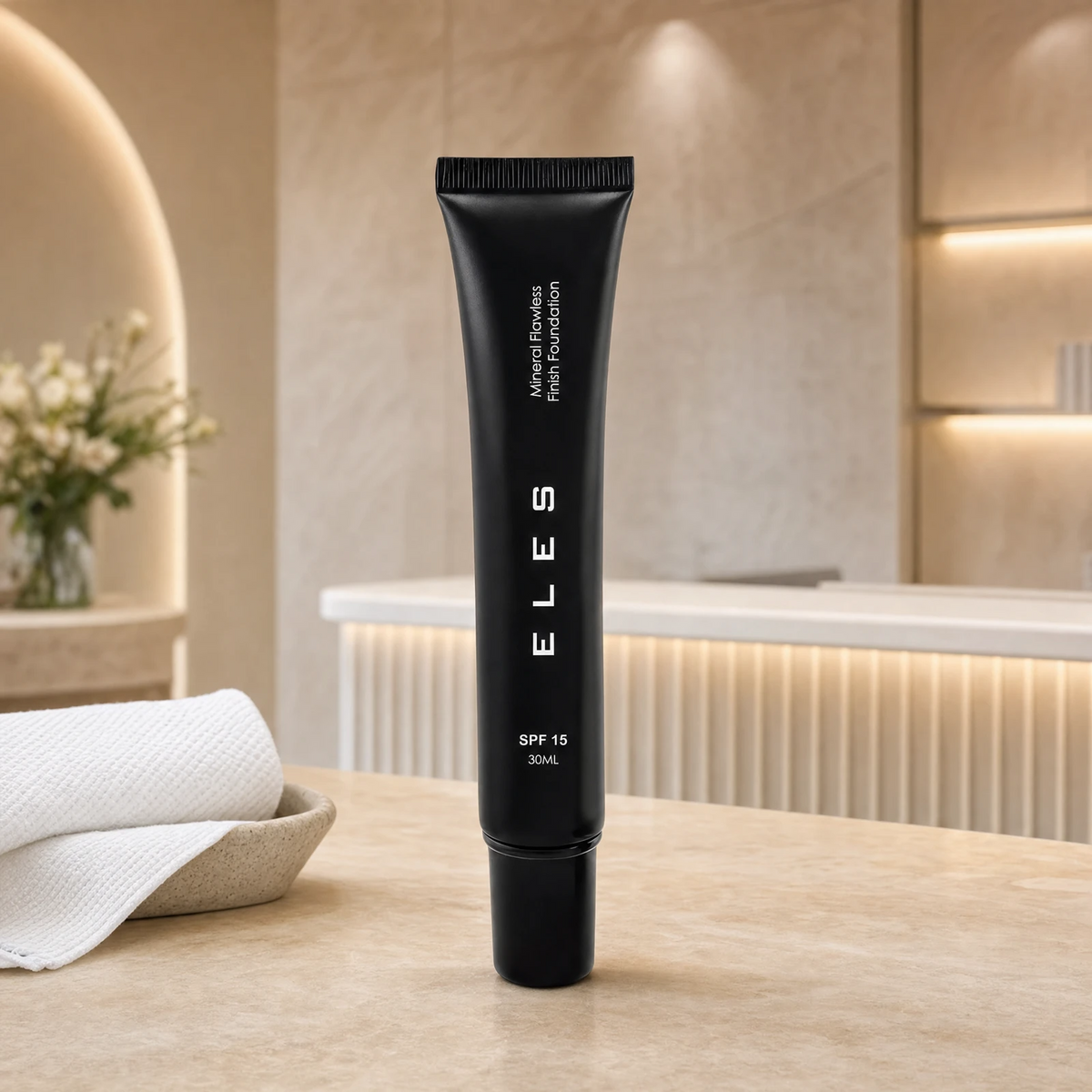 ELES Mineral Flawless Finish Foundation SPF 15 30ml in a premium salon treatment room setting, ideal for post-facial finishing and professional clinic retail
