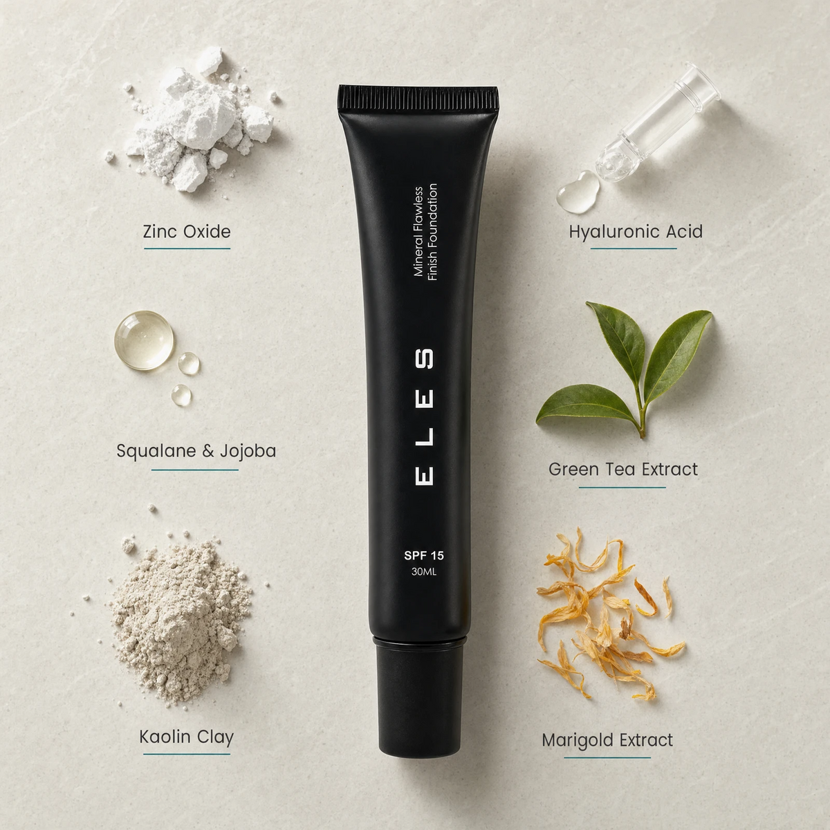 ELES Mineral Flawless Finish Foundation SPF 15 30ml ingredient flatlay featuring zinc oxide, hyaluronic acid, squalane, green tea extract, kaolin clay and marigold extract