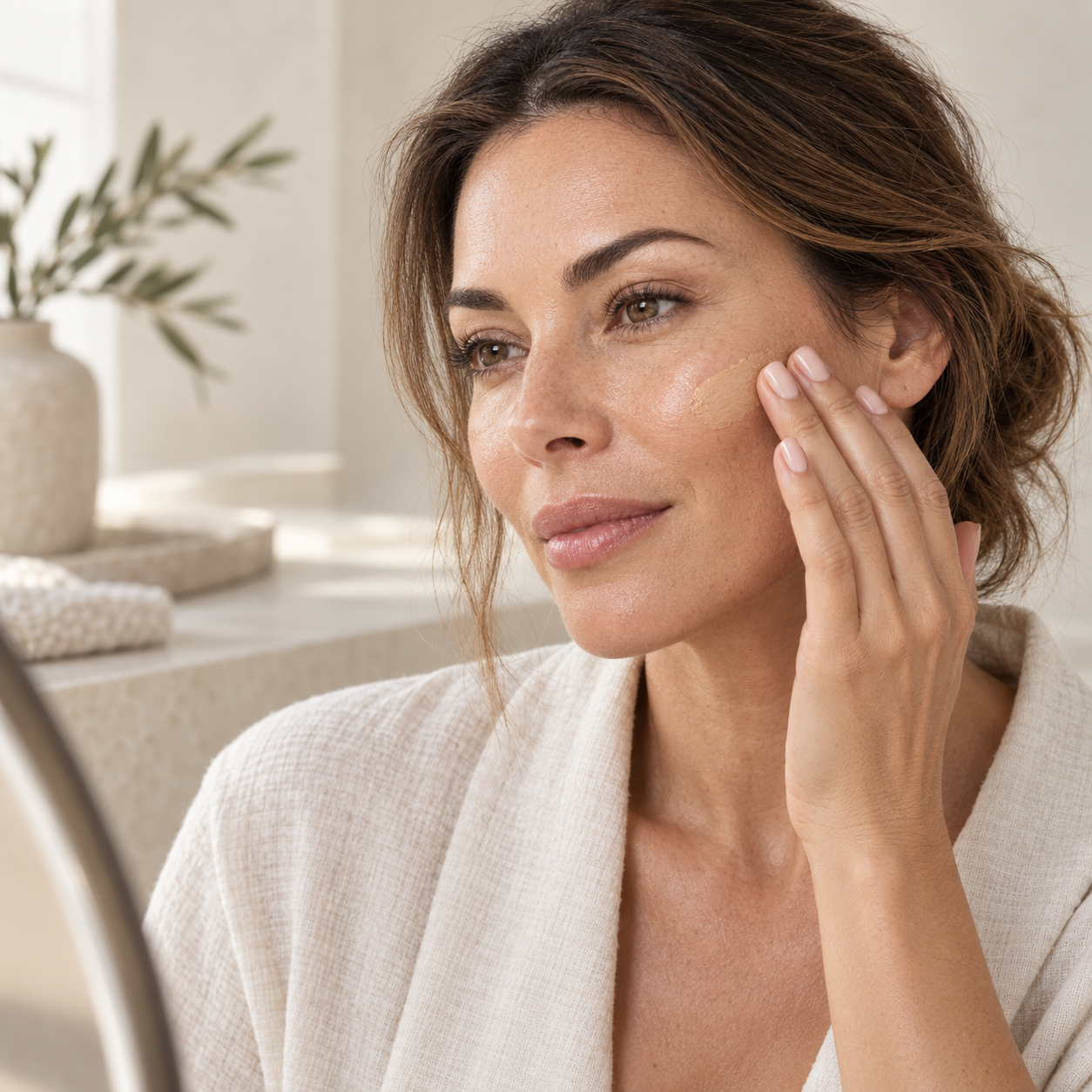 Woman applying ELES Mineral Glow Skin Tint for a naturally luminous complexion
