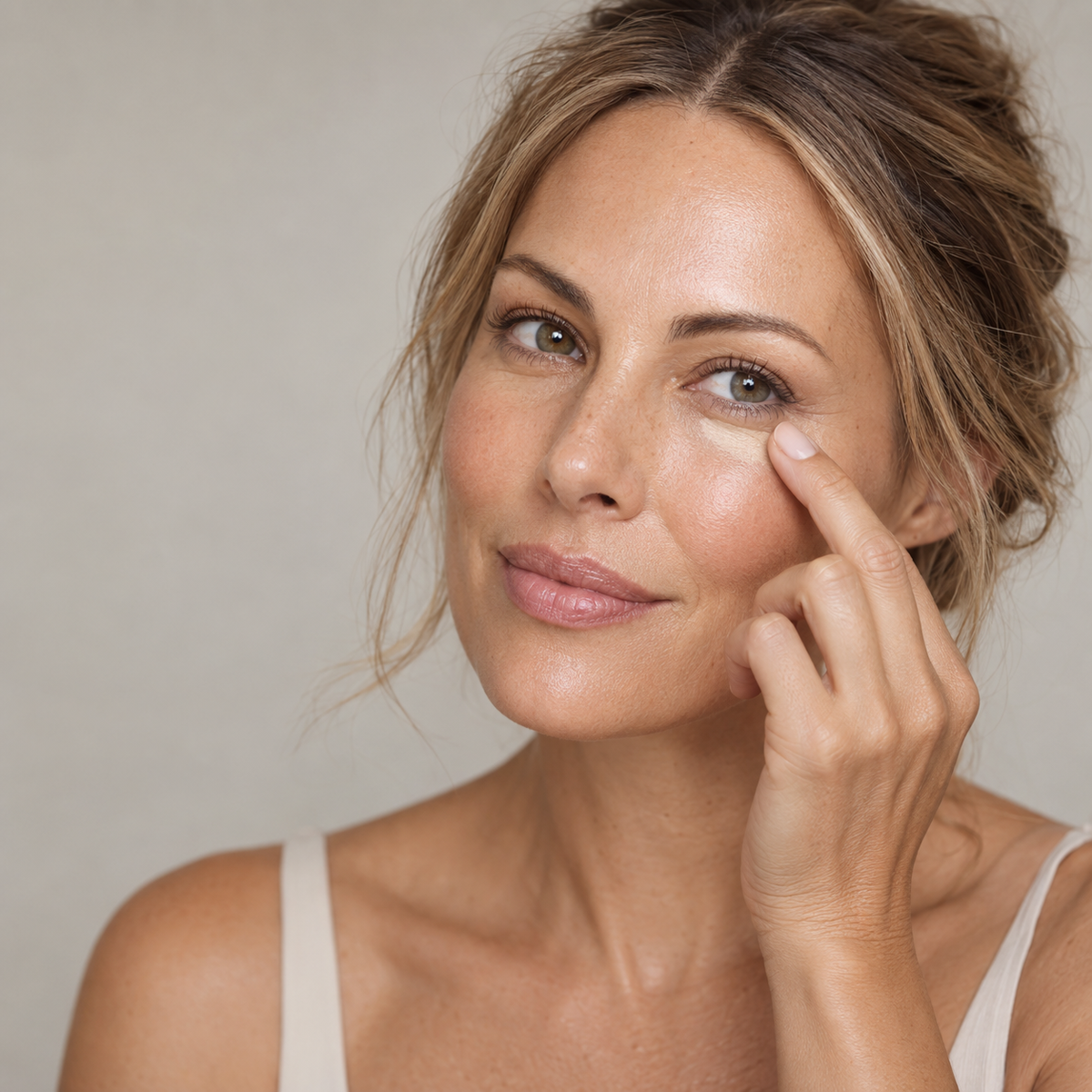 Woman applying concealer beneath the eye for natural targeted coverage