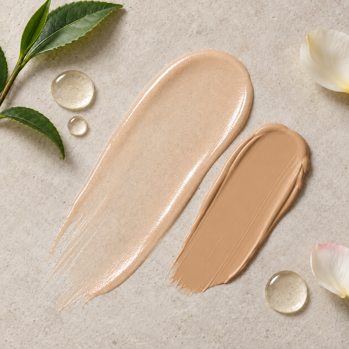 Sheer skin tint and creamy concealer textures with botanical ingredient details