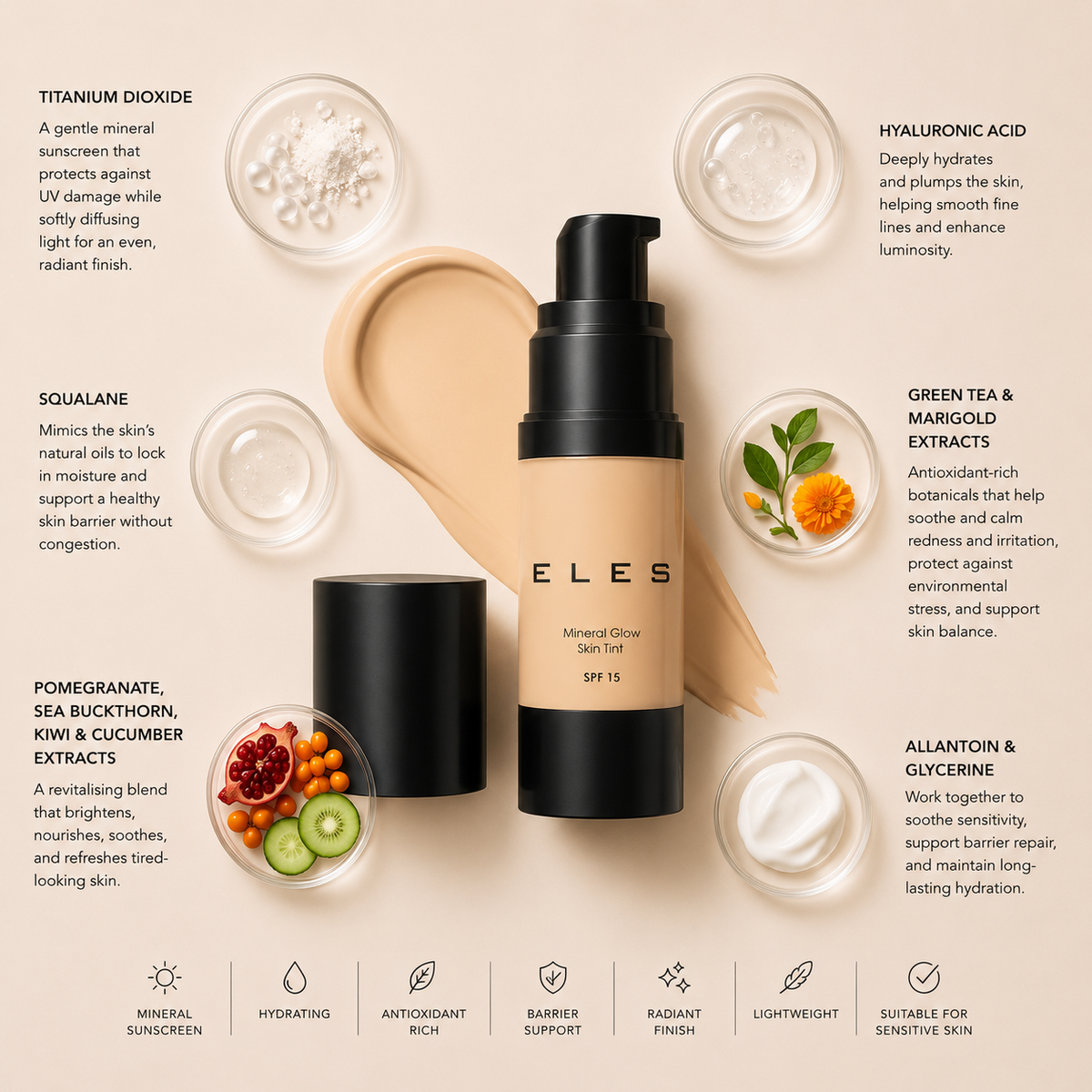 ELES Mineral Glow Skin Tint Fair with titanium dioxide, hyaluronic acid, squalane, green tea extract, marigold extract, pomegranate, sea buckthorn, kiwi and cucumber extracts, luxury clean makeup skincare flat lay with radiant cream textures on minimal warm neutral background
