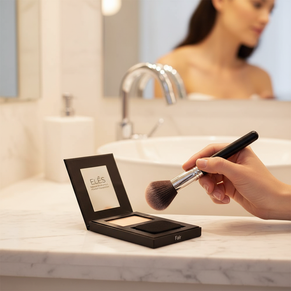 Person applying  ELES Mineral SkinPerfect Powder Foundation SPF 15 with a brush and compact powder on a bathroom counter.