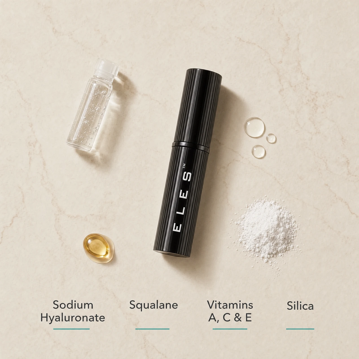 ELES Mineral Photo Touch Concealer ingredient flatlay featuring sodium hyaluronate, squalane, vitamins A C and E, and silica on a warm limestone surface