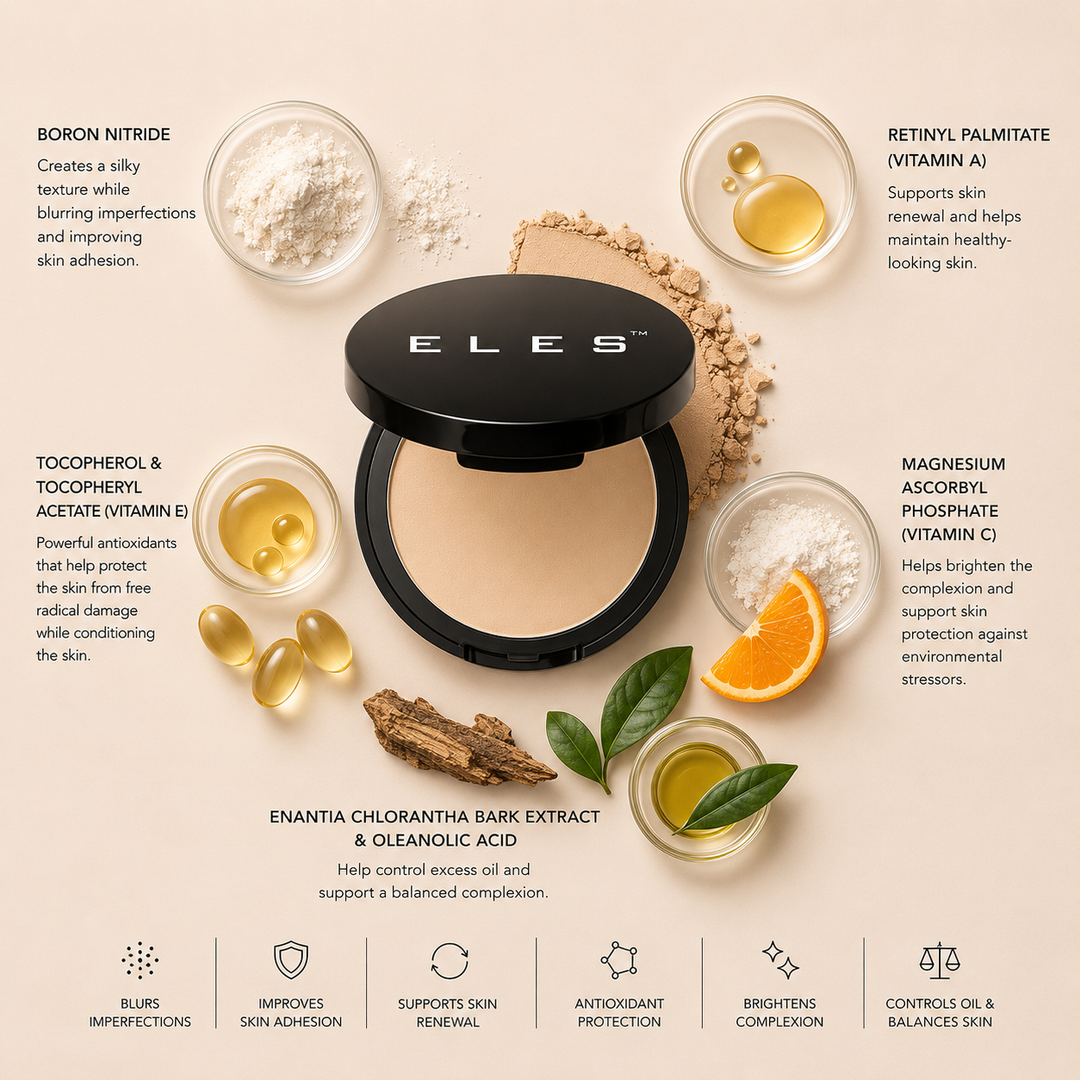 ELES Mineral Powder Foundation Pressed Blonde with boron nitride, retinyl palmitate, vitamin E, magnesium ascorbyl phosphate, enantia chlorantha bark extract and oleanolic acid, luxury clean mineral makeup flat lay with soft pressed powder textures on minimal warm neutral background