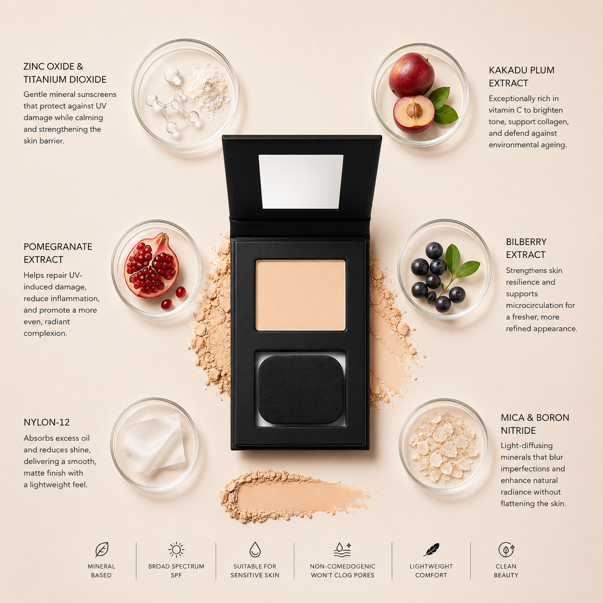 ELES Mineral SkinPerfect Powder Foundation Fair with zinc oxide, titanium dioxide, Kakadu plum extract, pomegranate extract, bilberry extract, nylon-12, mica and boron nitride, luxury clean mineral makeup flat lay with soft powder textures on minimal warm neutral background
