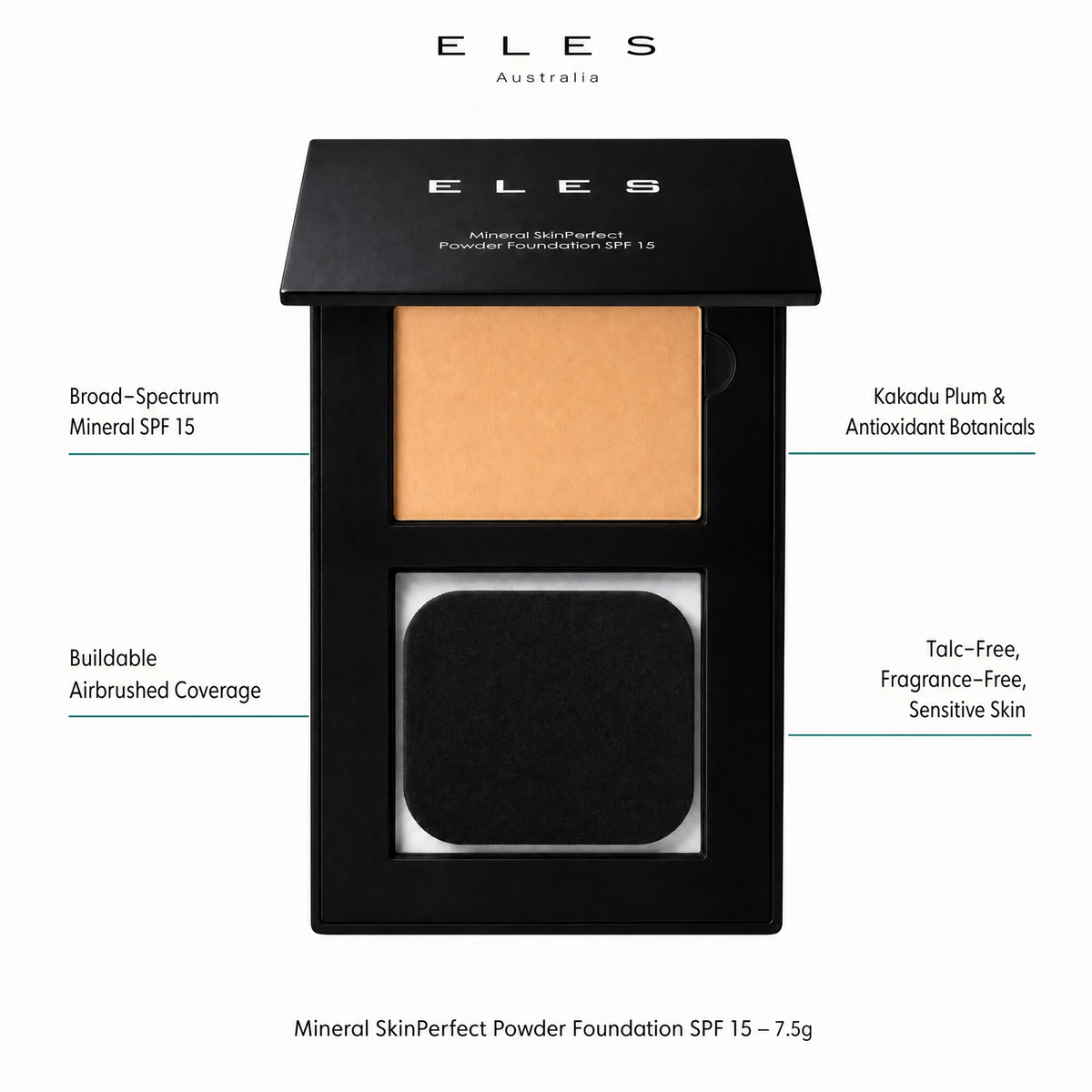 ELES Mineral SkinPerfect Powder Foundation SPF 15 7.5g benefit callout showing broad-spectrum mineral SPF 15, buildable airbrushed coverage, Kakadu plum and antioxidant botanicals, and talc-free fragrance-free sensitive skin formula 