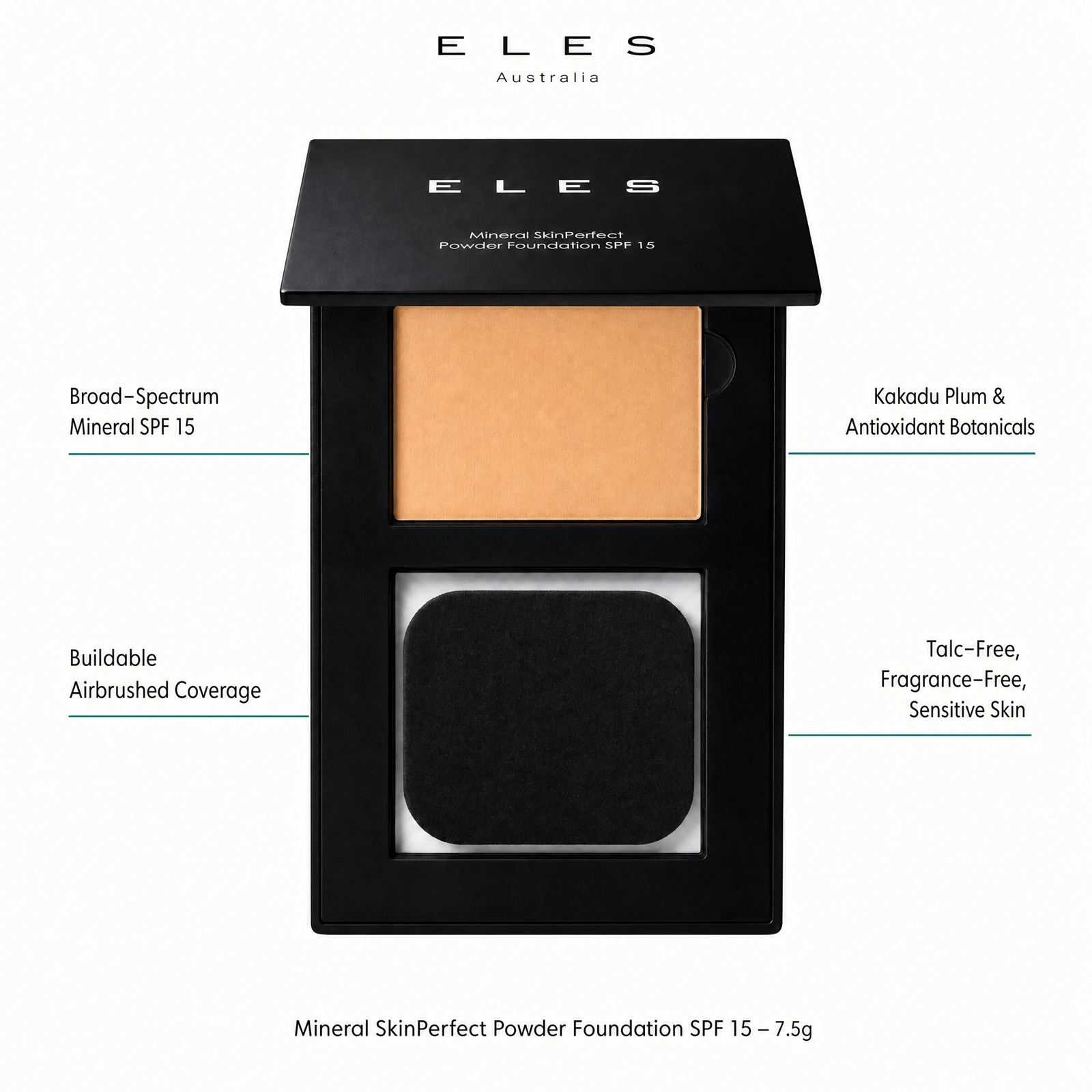 ELES Mineral SkinPerfect Powder Foundation SPF 15 7.5g benefit callout showing broad-spectrum mineral SPF 15, buildable airbrushed coverage, Kakadu plum and antioxidant botanicals, and talc-free fragrance-free sensitive skin formula 