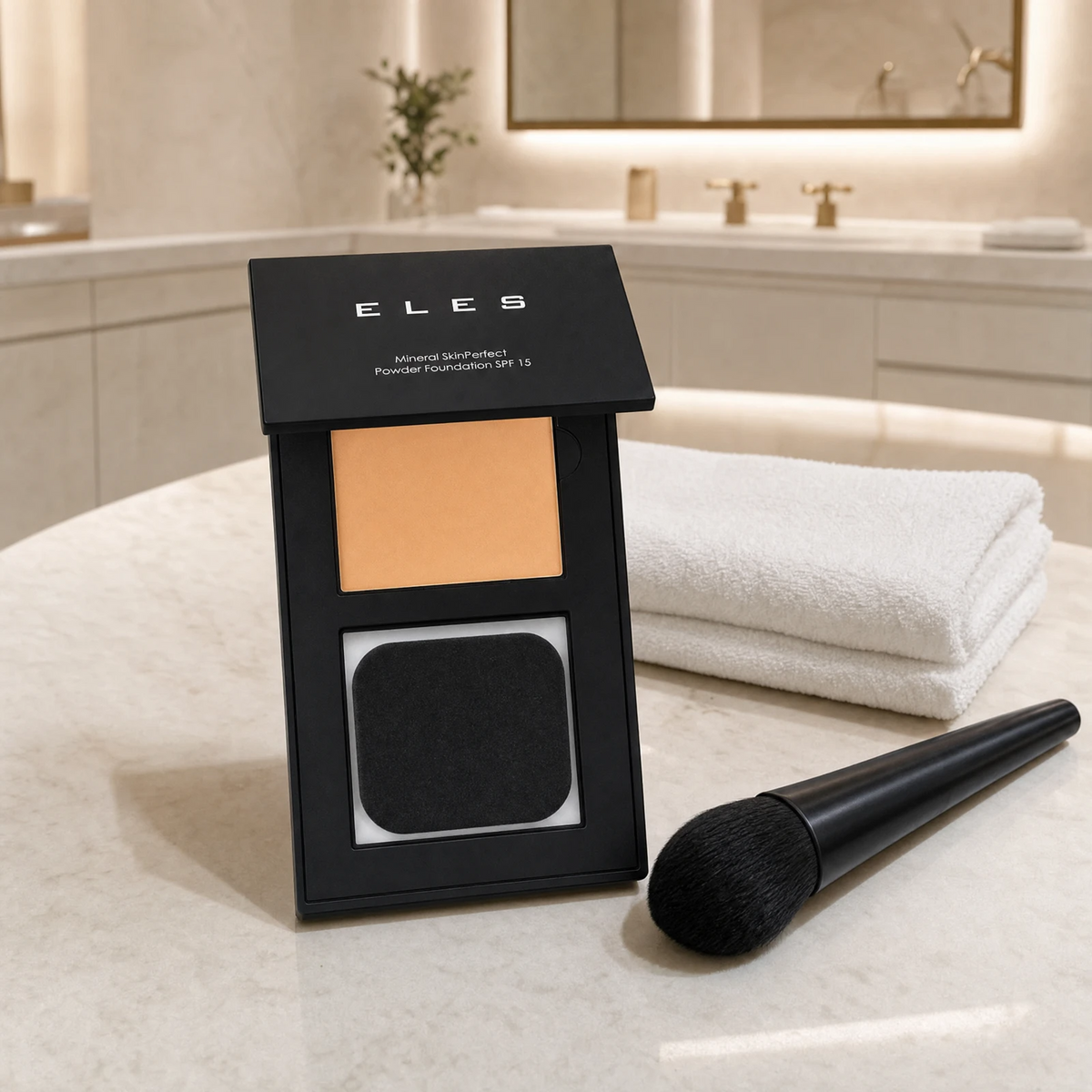 ELES Mineral SkinPerfect Powder Foundation SPF 15 open compact with a large powder brush on a marble clinic bench 
