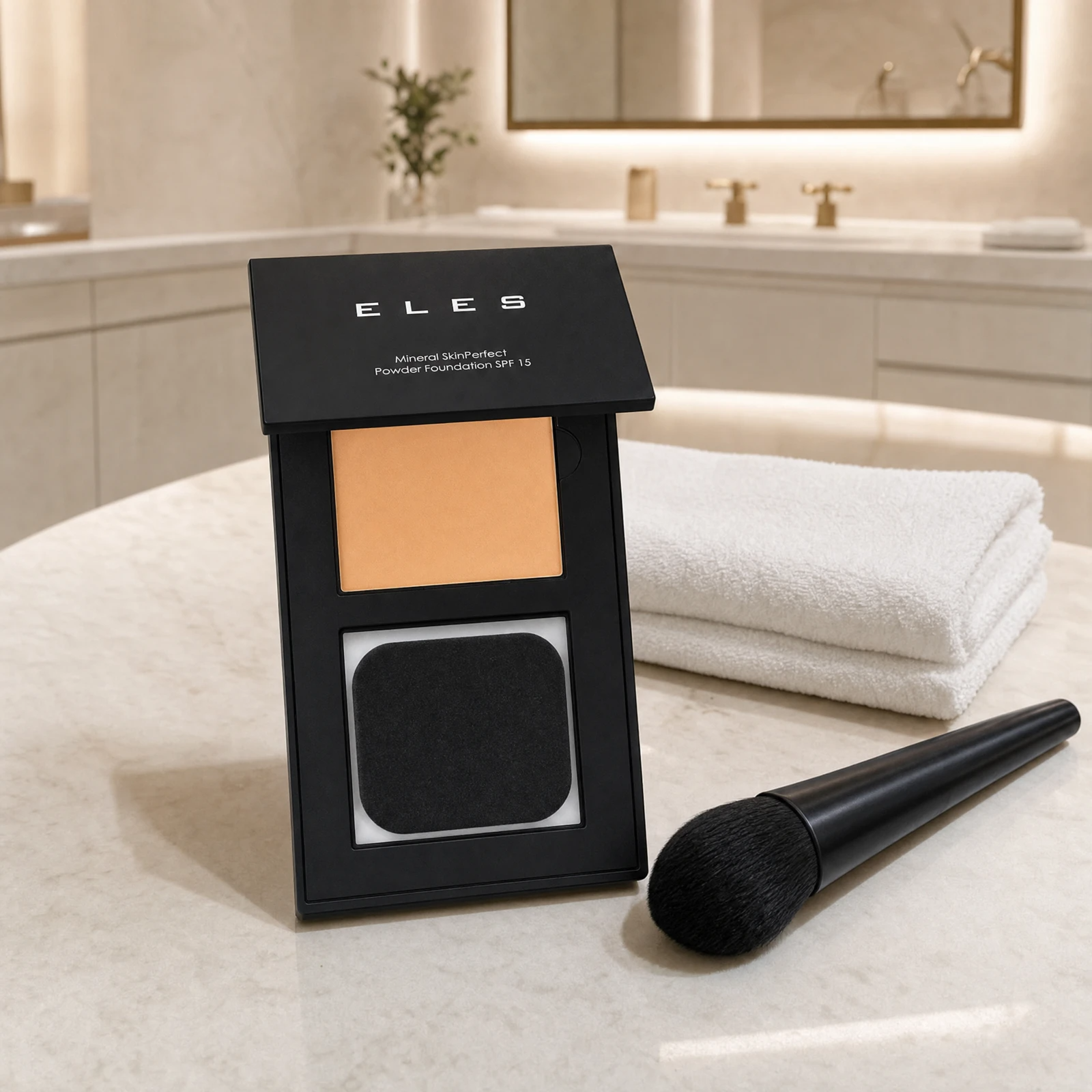 ELES Mineral SkinPerfect Powder Foundation SPF 15 open compact with a large powder brush on a marble clinic bench 