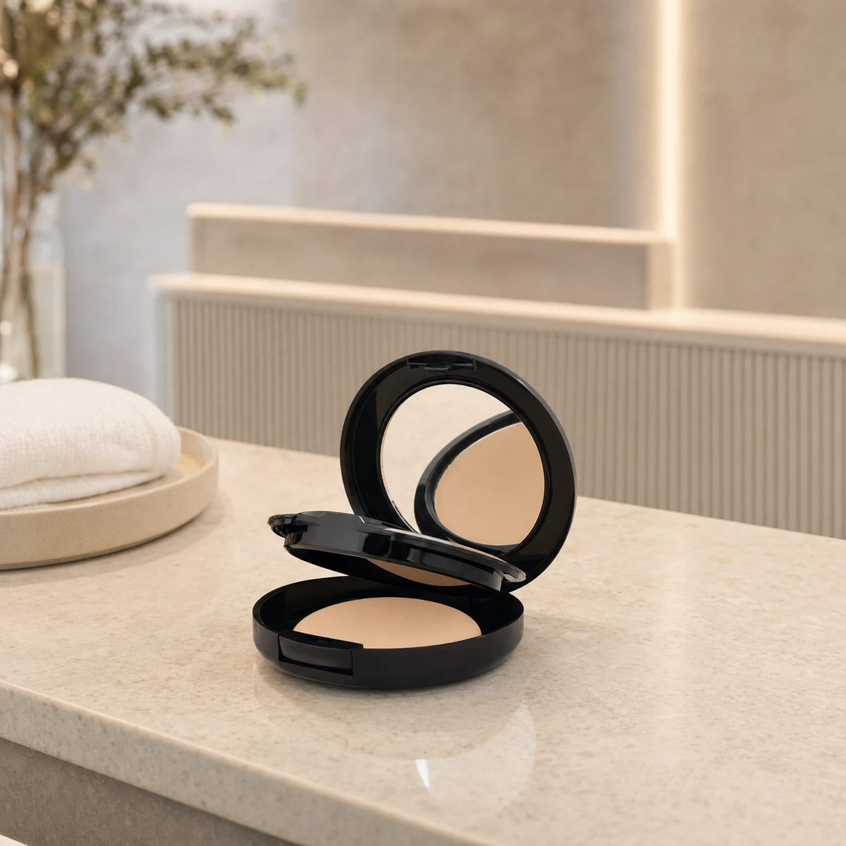 ELES Mineral Veil Cream to Powder Foundation 9.5g open compact displayed on the reception counter of a premium Australian spa, salon or skin clinic
