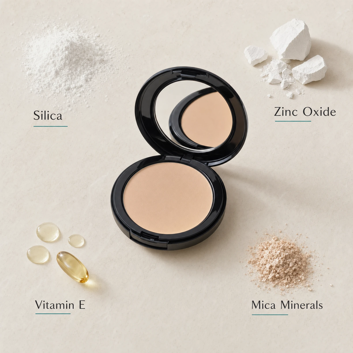 ELES Mineral Veil Cream to Powder Foundation 9.5g open compact ingredient flatlay featuring silica, zinc oxide, vitamin E and mica minerals on a warm stone surface