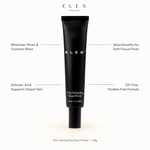 ELES Pore Perfecting Face Primer 28g benefit callout showing minimises pores and controls shine, salicylic acid supports clearer skin, silica smooths for soft-focus finish, and oil-free paraben-free formula. 