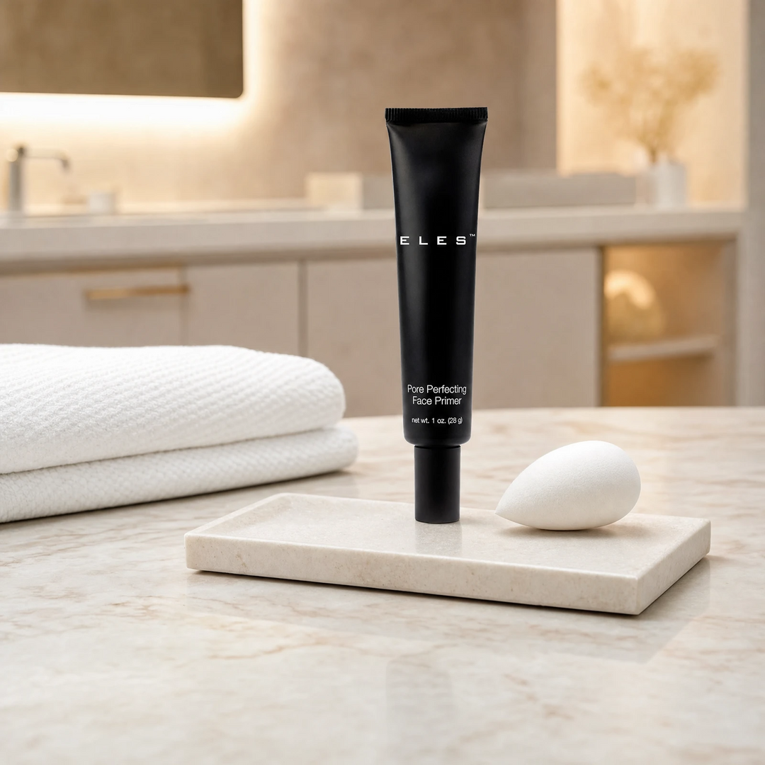 ELES Pore Perfecting Face Primer 28g standing upright on a stone tray with a white makeup sponge on a marble bench.
