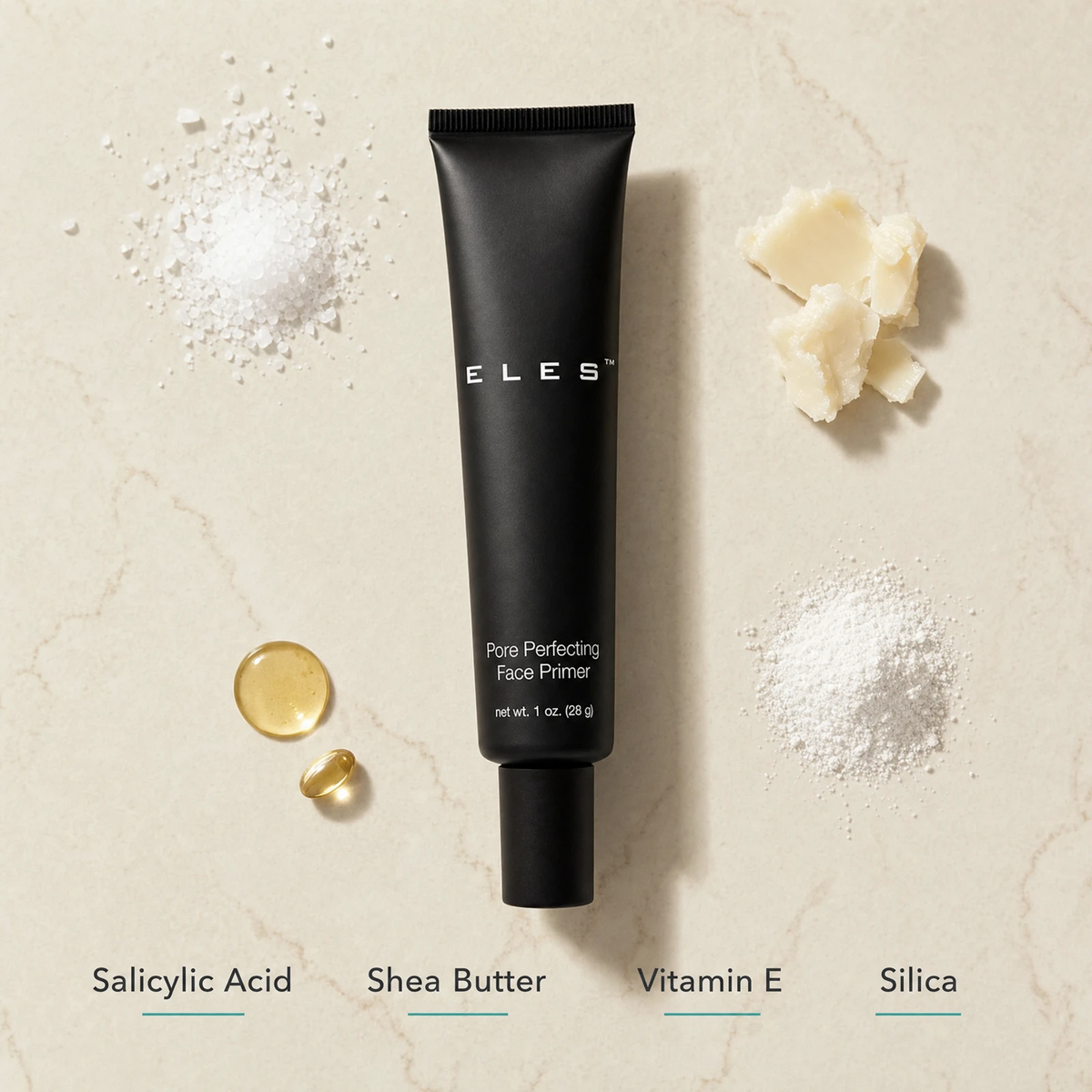 ELES Pore Perfecting Face Primer 28g ingredient flatlay featuring salicylic acid, shea butter, vitamin E and silica on a warm limestone surface