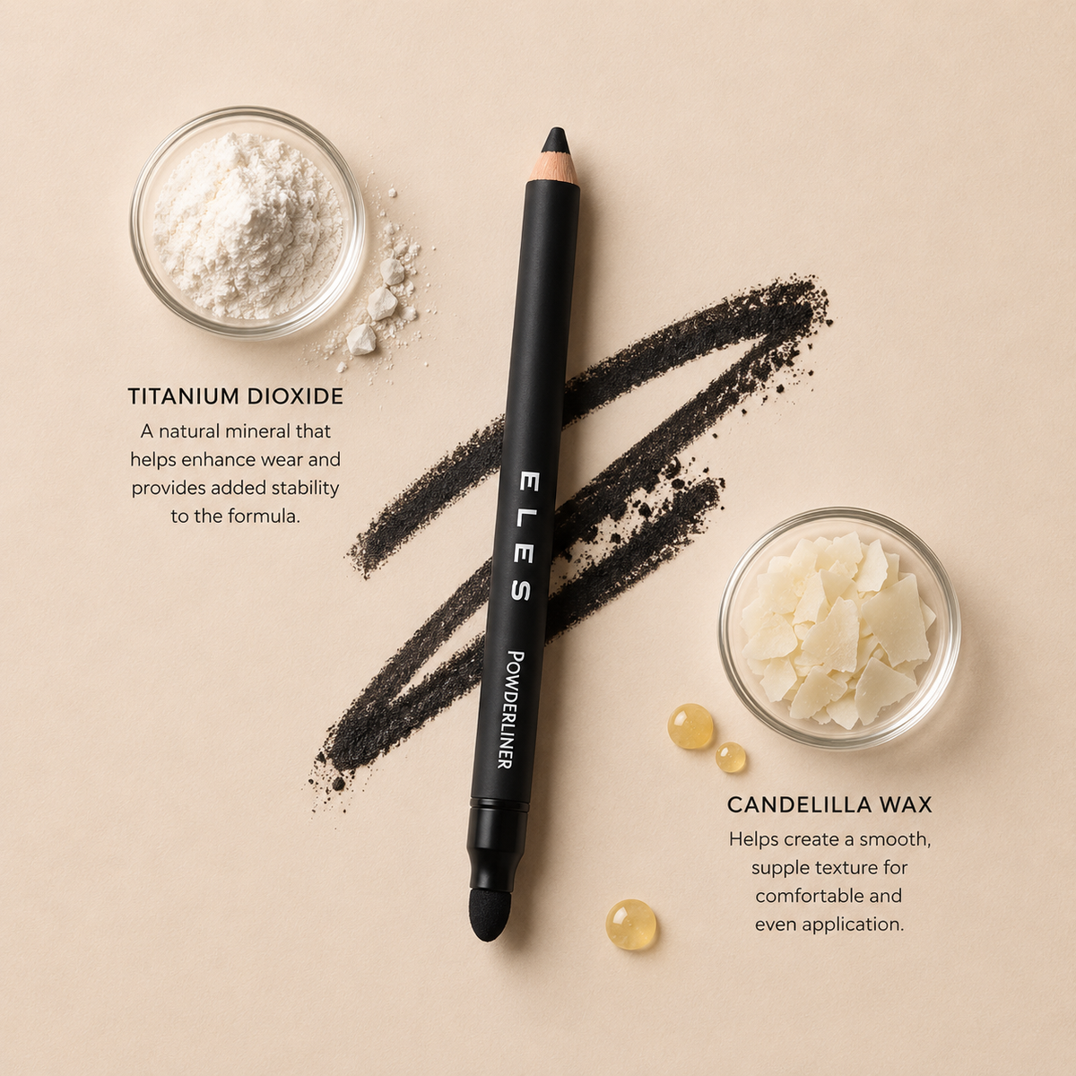 ELES Powder Liner Pencil with titanium dioxide and candelilla wax, luxury clean eyeliner flat lay with soft powder liner textures on minimal warm neutral background