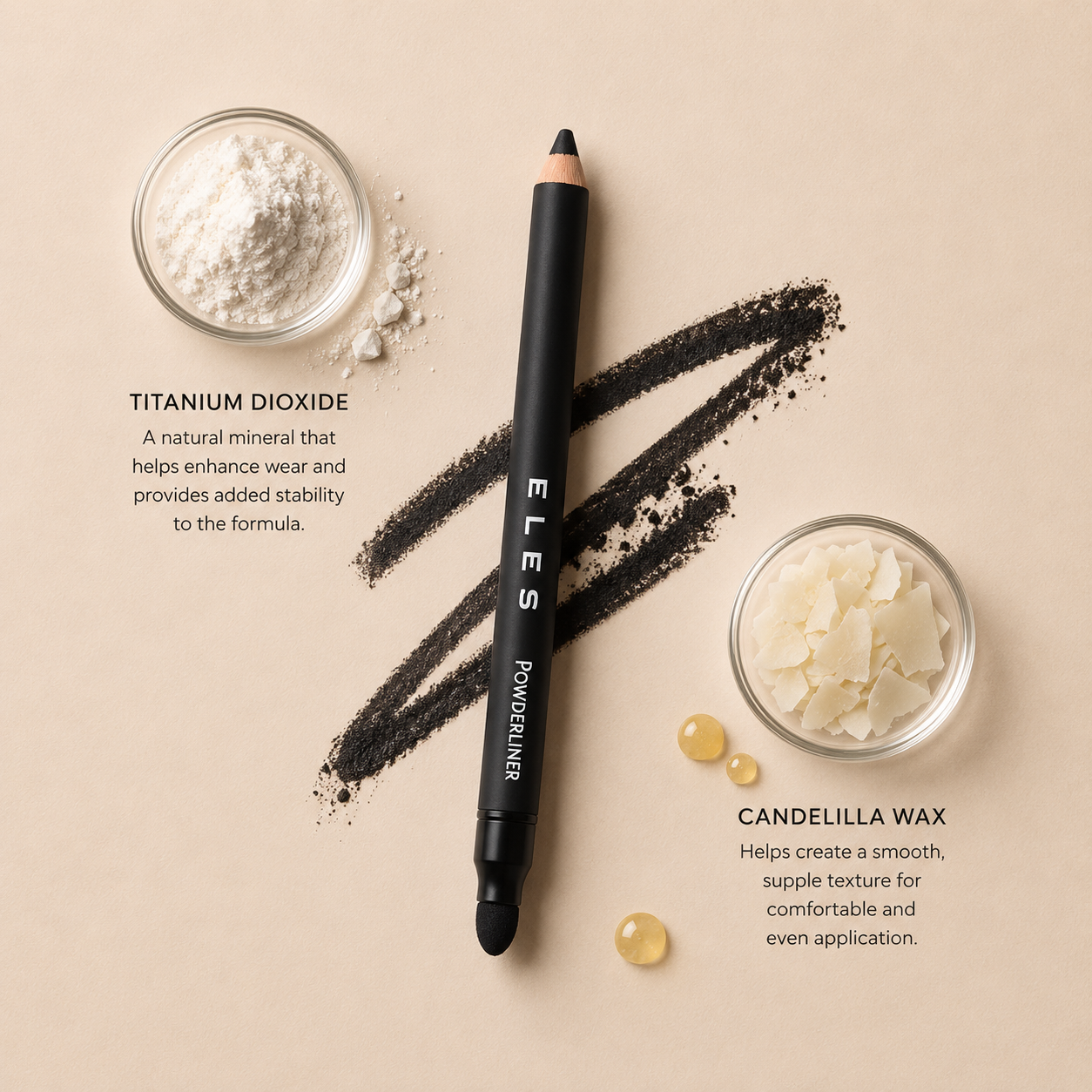 ELES Powder Liner Pencil with titanium dioxide and candelilla wax, luxury clean eyeliner flat lay with soft powder liner textures on minimal warm neutral background