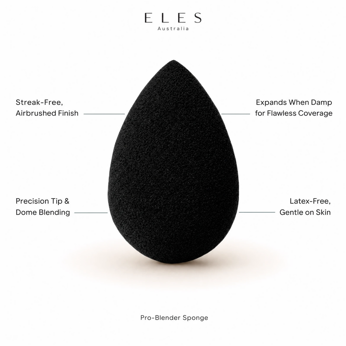 ELES Pro-Blender Sponge benefit callout showing streak-free airbrushed finish, precision tip and dome blending, expands when damp, and latex-free formula for professional salon and clinic use