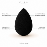 ELES Pro-Blender Sponge benefit callout showing streak-free airbrushed finish, precision tip and dome blending, expands when damp, and latex-free formula for professional salon and clinic use