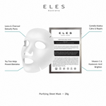 ELES Purifying Sheet Mask benefit callout showing loess and charcoal detoxify pores, tea tree helps prevent blemishes, centella asiatica calms and repairs, and vitamin C and hyaluronic acid brighten for professional salon and clinic use