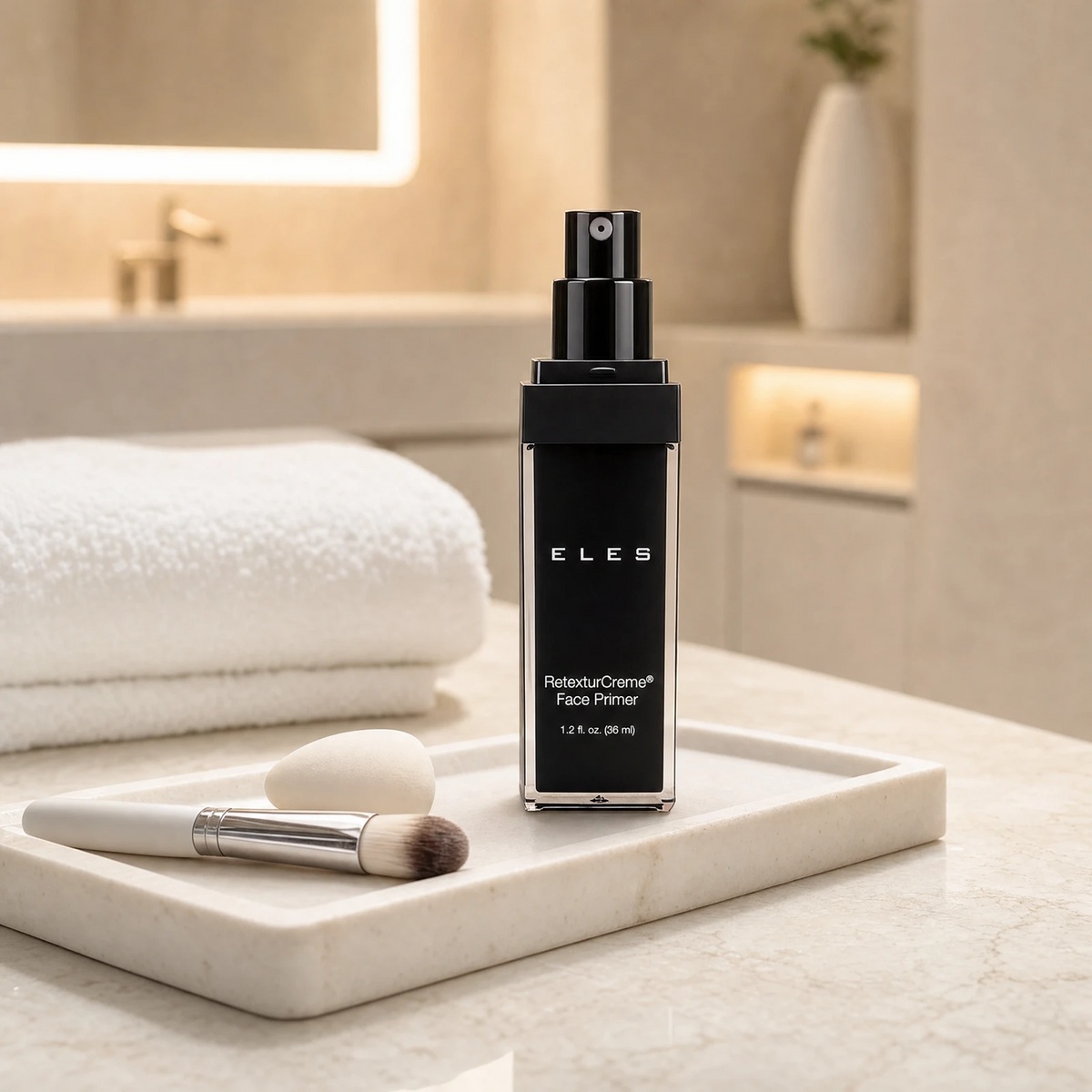 ELES RetexturCreme Face Primer 36ml standing upright on a stone tray with a makeup sponge and brush on a marble clinic bench inside a premium skin clinic treatment room, ideal for professional skin preparation before makeup application