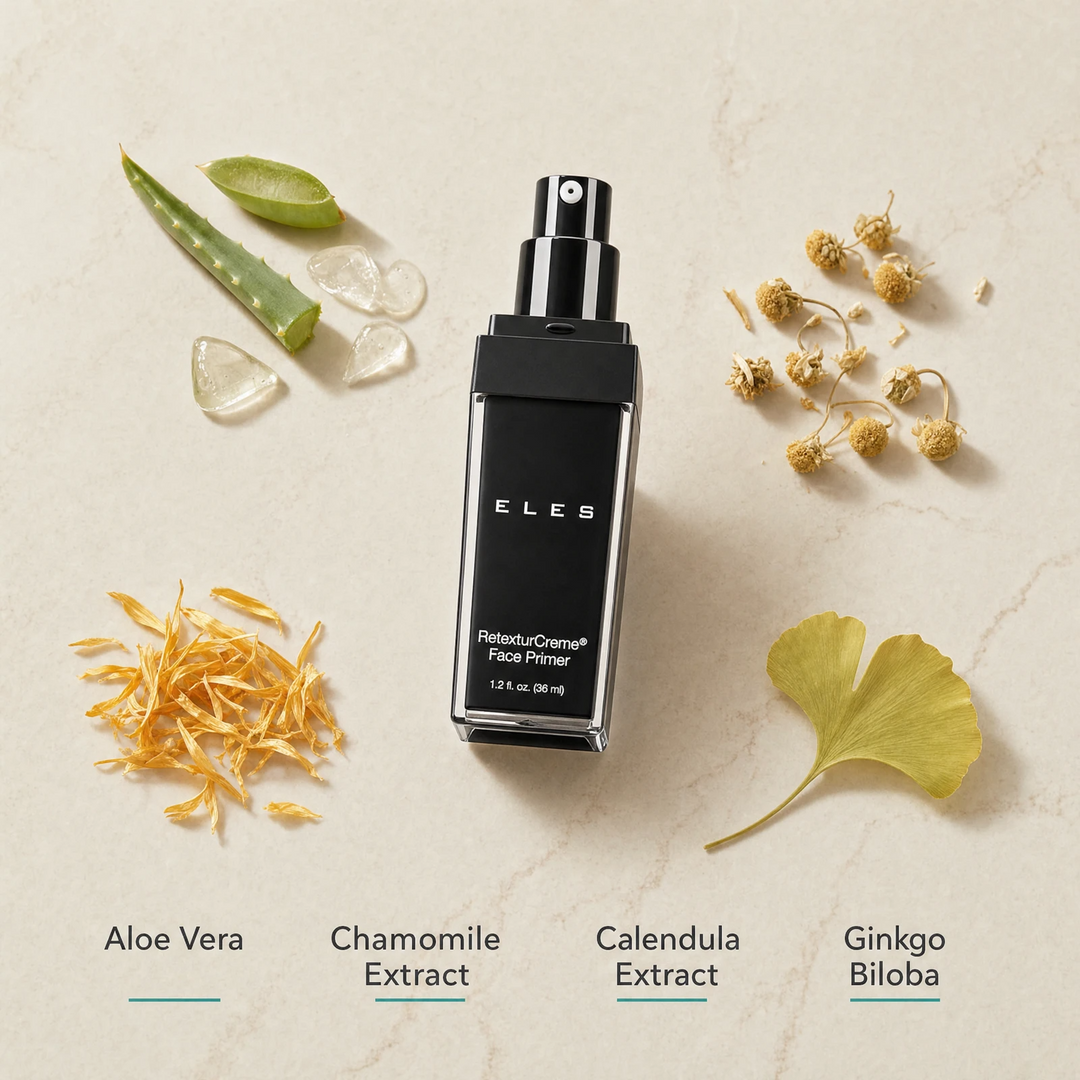 ELES RetexturCreme Face Primer 36ml ingredient flatlay featuring aloe vera, chamomile extract, calendula extract and ginkgo biloba on a warm limestone surface