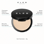 ELES Satin Illuminator 8g open hinged compact benefit callout showing champagne radiance lit-from-within, micro-fine pearl pigments, blends seamlessly for all skin tones, and talc-free microplastic-free formula.