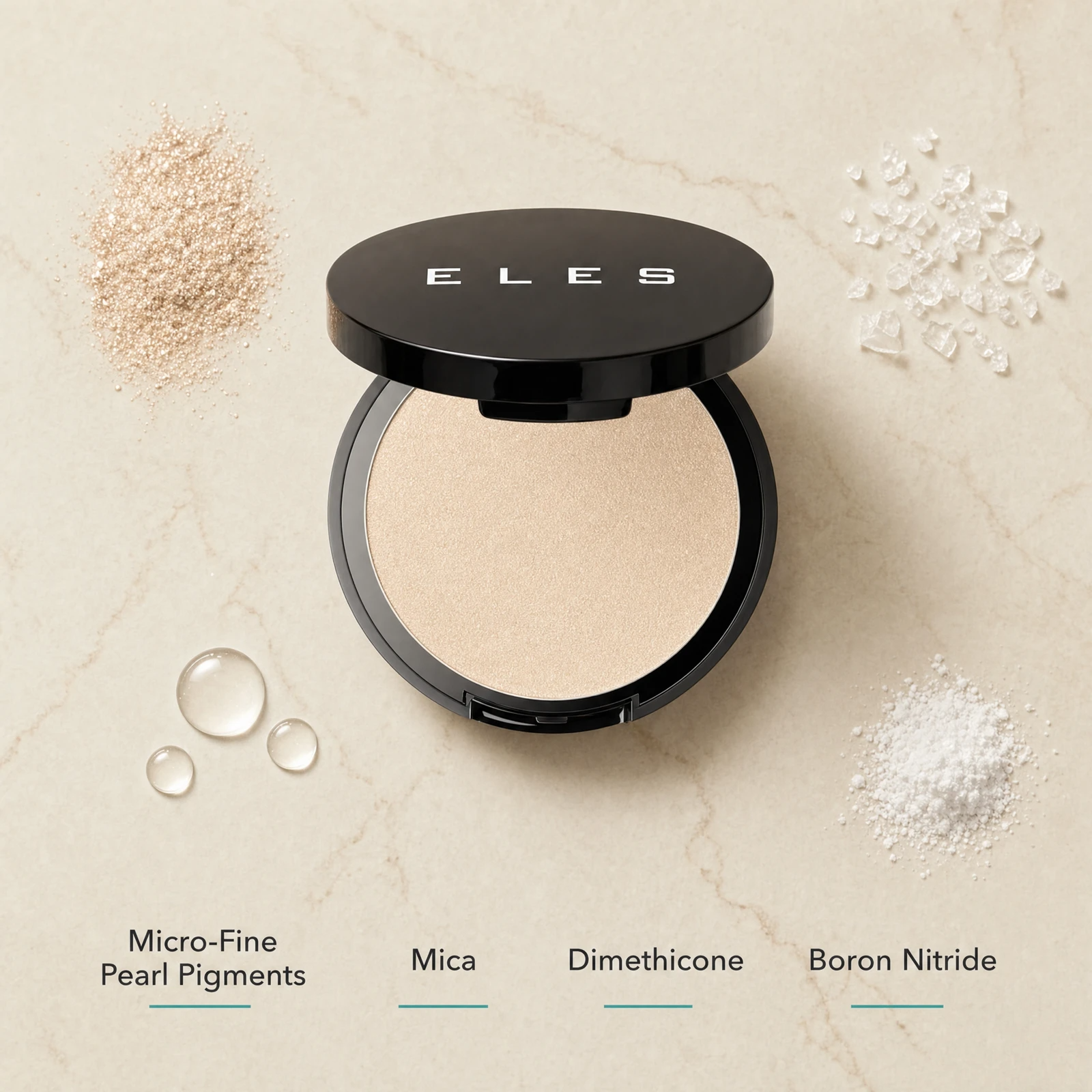 ELES Satin Illuminator 8g ingredient flatlay featuring micro-fine pearl pigments, mica, dimethicone and boron nitride on a warm limestone surface