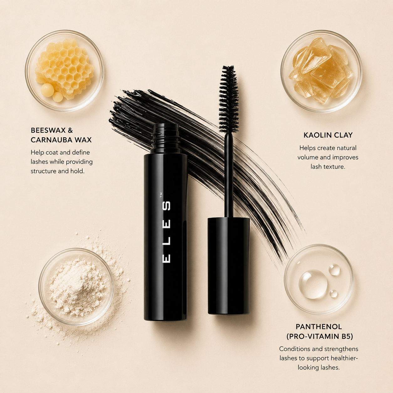 ELES Sensitive Eyes Mascara with beeswax, carnauba wax, kaolin clay and panthenol, luxury clean mascara flat lay with glossy black lash textures on minimal warm neutral background
