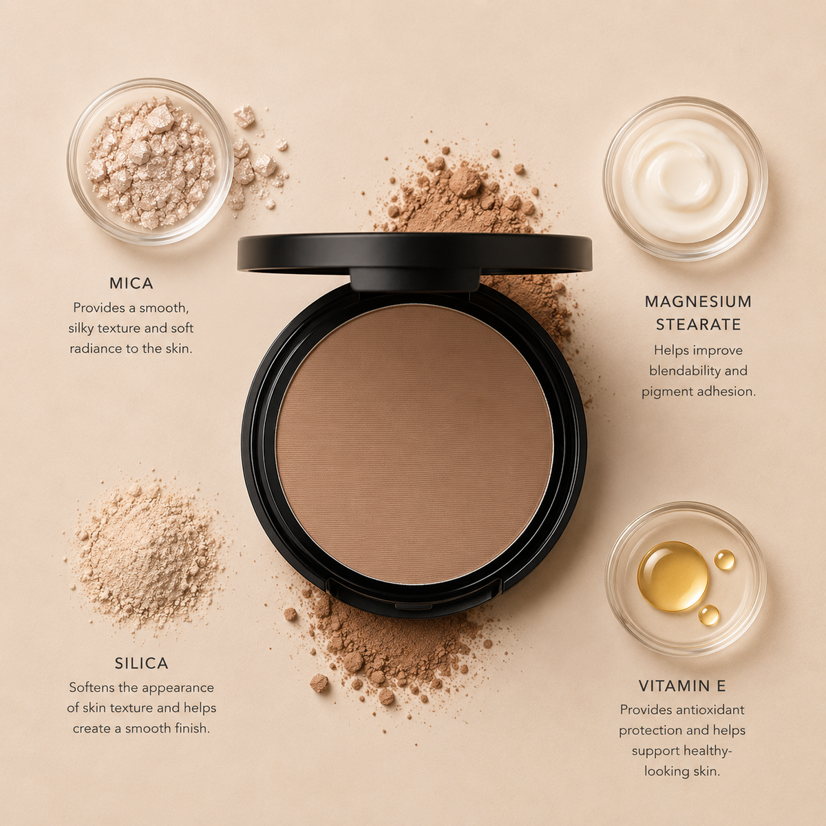 ELES Silk Matte Bronzer with mica, magnesium stearate, silica and vitamin E, luxury clean mineral bronzer flat lay with soft matte powder textures on minimal warm neutral background