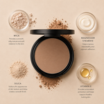 ELES Silk Matte Bronzer with mica, magnesium stearate, silica and vitamin E, luxury clean mineral bronzer flat lay with soft matte powder textures on minimal warm neutral background