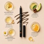 ELES Superwear Gel Liner Baroque with safflower seed oil, soybean oil, jojoba oil, avocado oil, chamomile extract, calendula extract and vitamins C and E, luxury clean eyeliner flat lay with soft gel liner swatch textures on minimal warm neutral background