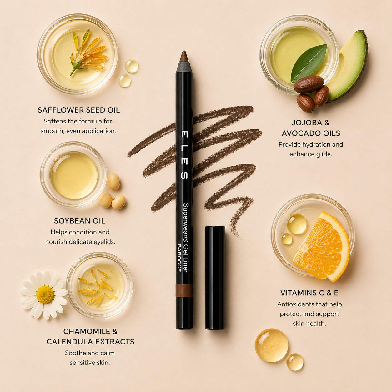 ELES Superwear Gel Liner Baroque with safflower seed oil, soybean oil, jojoba oil, avocado oil, chamomile extract, calendula extract and vitamins C and E, luxury clean eyeliner flat lay with soft gel liner swatch textures on minimal warm neutral background