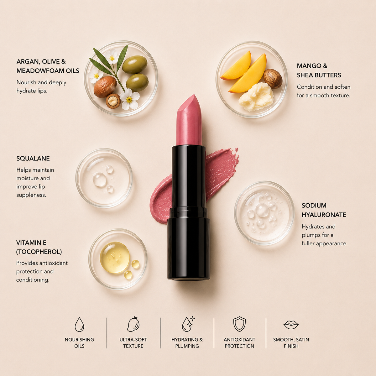 ELES Velvet Satin Lipstick Oxford Street with argan oil, olive oil, meadowfoam oil, mango butter, shea butter, squalane, sodium hyaluronate and vitamin E, luxury satin lipstick flat lay with glossy pink pigment textures on minimal warm nude background.