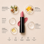 ELES Velvet Satin Lipstick Oxford Street with argan oil, olive oil, meadowfoam oil, mango butter, shea butter, squalane, sodium hyaluronate and vitamin E, luxury satin lipstick flat lay with glossy pink pigment textures on minimal warm nude background.