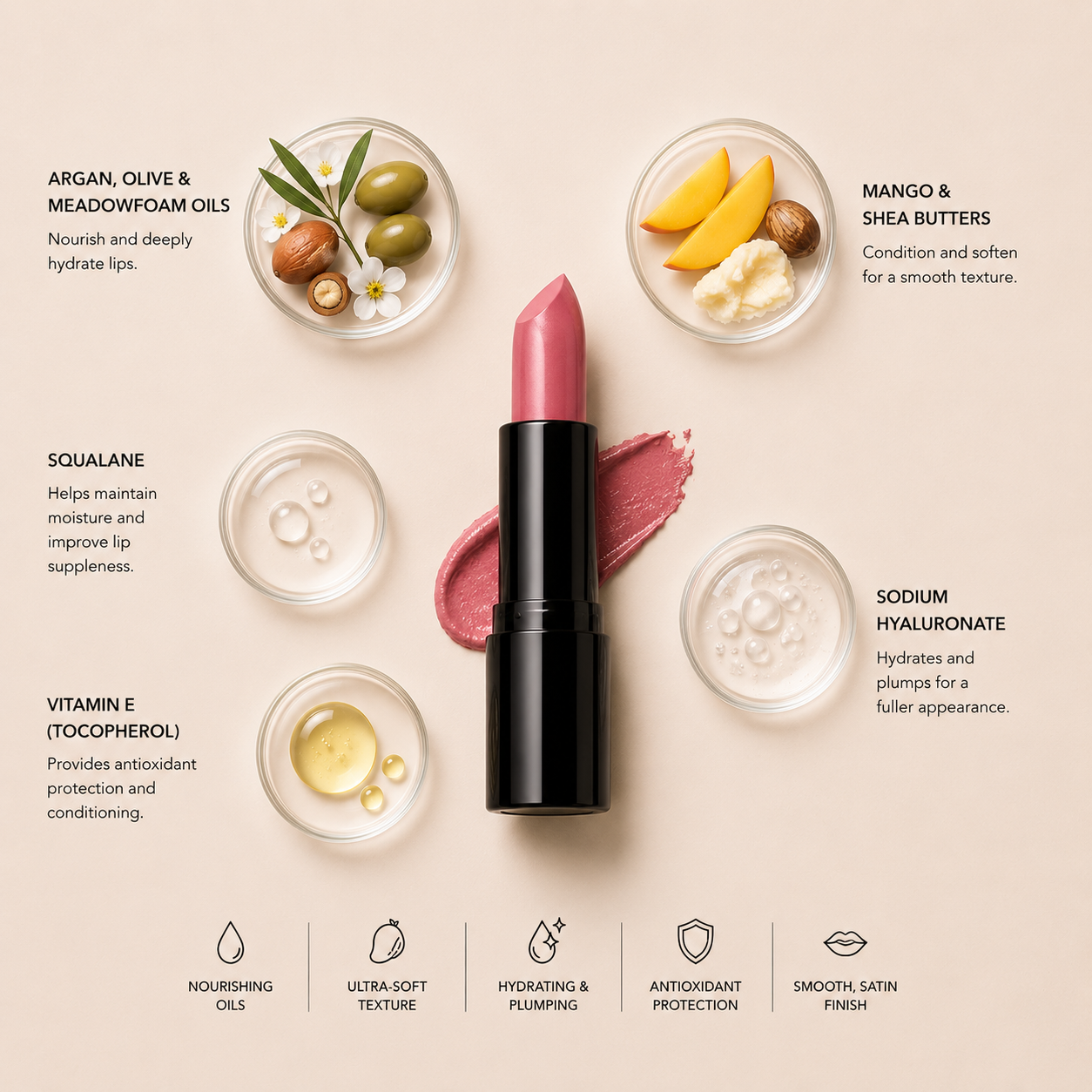 ELES Velvet Satin Lipstick Oxford Street with argan oil, olive oil, meadowfoam oil, mango butter, shea butter, squalane, sodium hyaluronate and vitamin E, luxury satin lipstick flat lay with glossy pink pigment textures on minimal warm nude background.