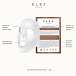 ELES Youth Recovery Sheet Mask benefit callout showing peptides and collagen firm and smooth, hyaluronic acid deeply hydrates, vitamin C and niacinamide brighten, and Damascus rose oil soothes and revitalises for professional salon and clinic use