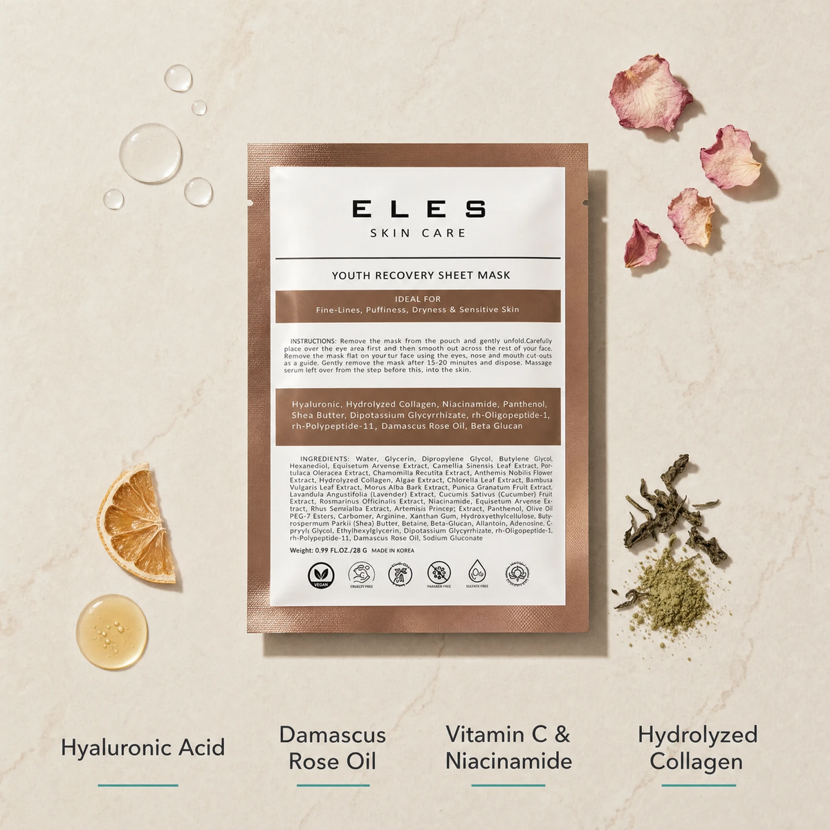 ELES Youth Recovery Sheet Mask ingredient flatlay featuring hyaluronic acid, Damascus rose oil, vitamin C and niacinamide, and hydrolyzed collagen on a warm limestone surface