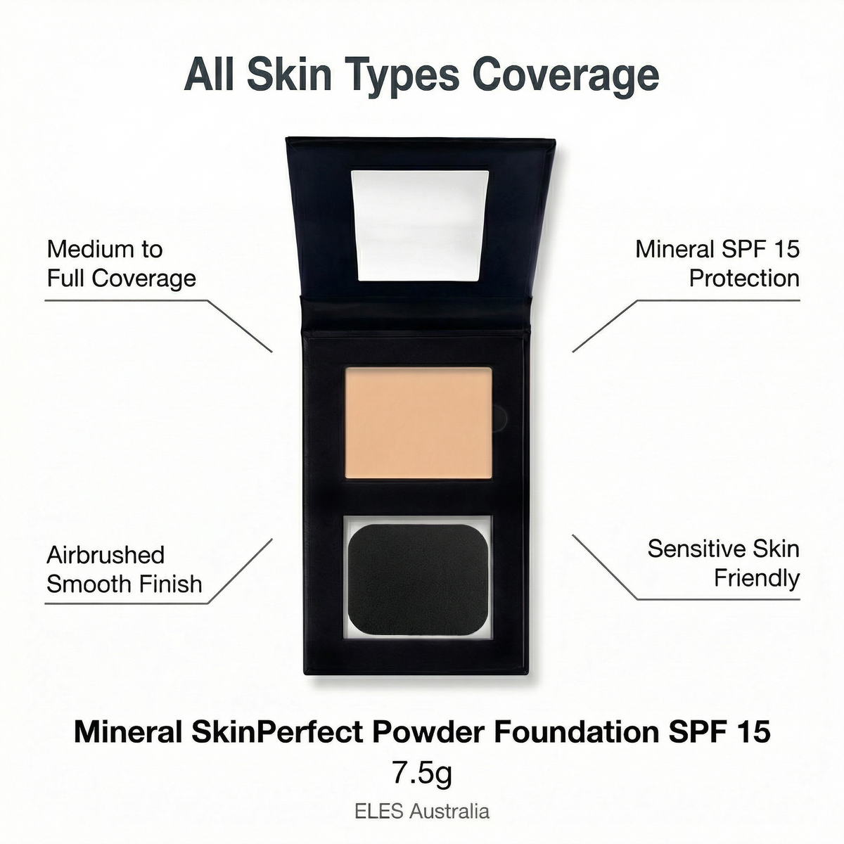 Mineral SkinPerfect Powder Foundation SPF 15 packaging with features highlighted on a white background