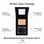 Mineral SkinPerfect Powder Foundation SPF 15 packaging with features highlighted on a white background