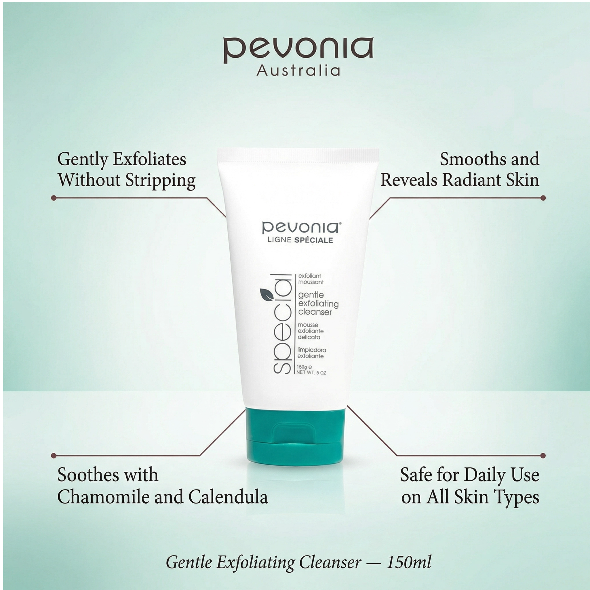 Pevonia Australia Gentle Exfoliating Cleanser tube with product benefits on a light green background