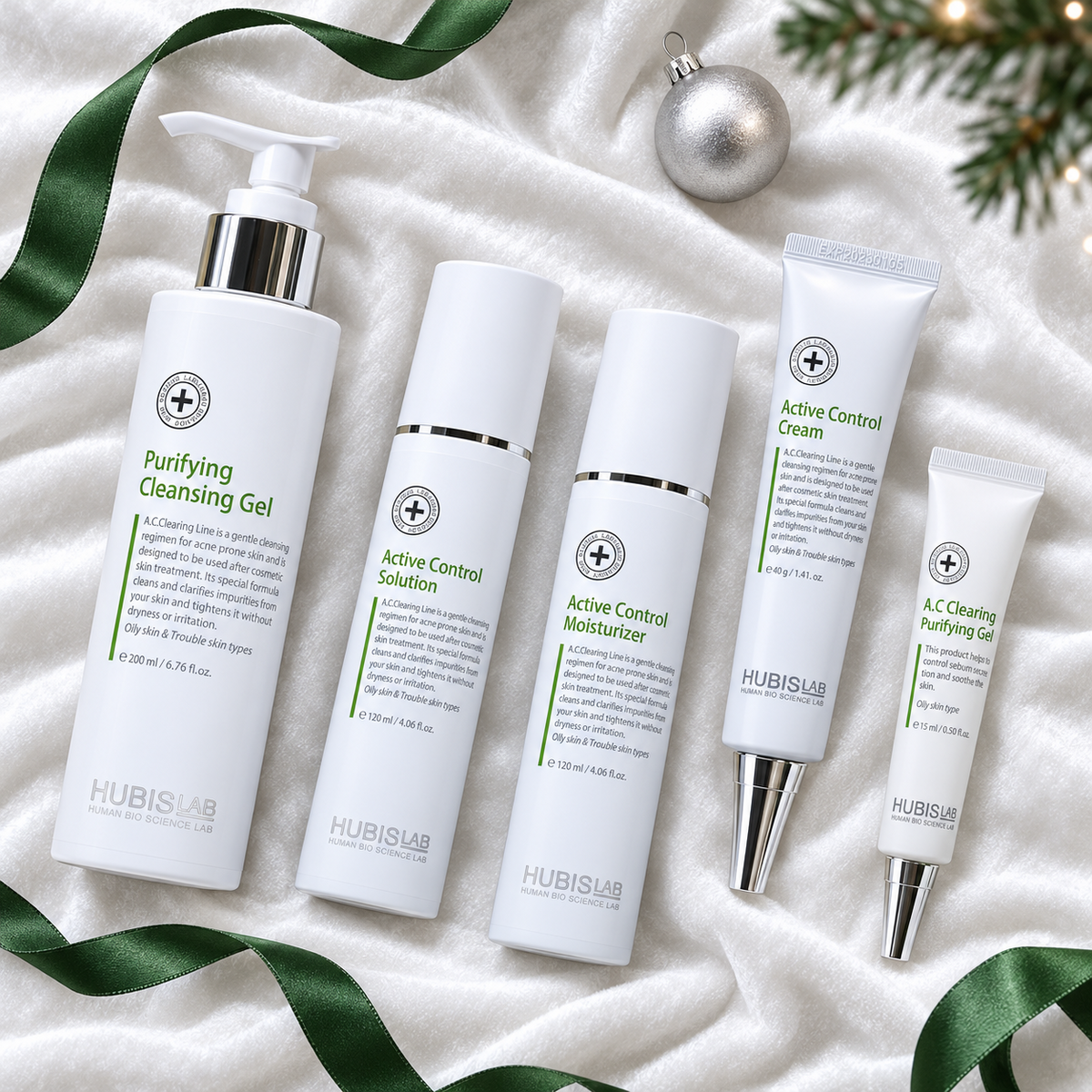 HUBISLAB A.C. Clearing Line Christmas Gift Set arranged in a festive flatlay. File: hubislab-a-c-clearing-line-christmas-gift-set-christmas-flatlay-2026.png