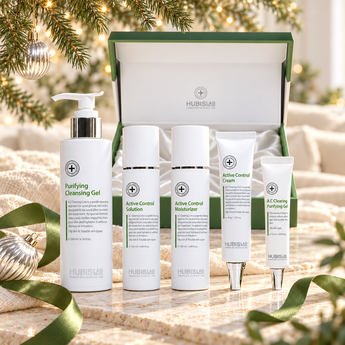 HUBISLAB A.C. Clearing Line Christmas Gift Set displayed beside a Christmas tree. File: hubislab-a-c-clearing-line-christmas-gift-set-christmas-tree-2026.png