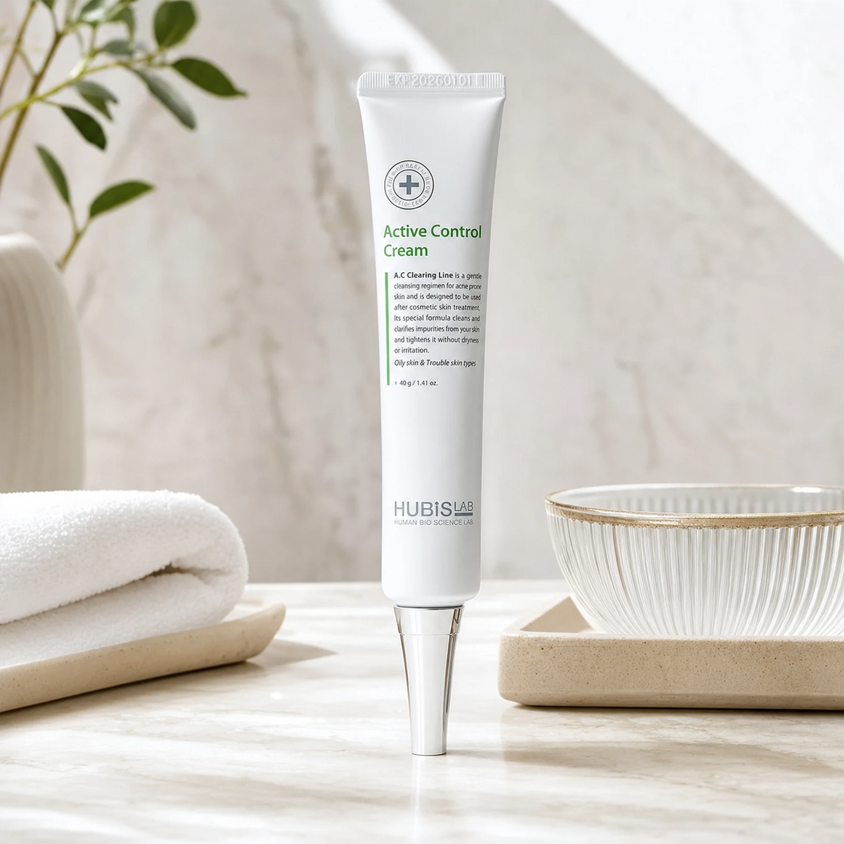 Hubislab A.C Clearing Active Control Cream 40ml displayed in a premium bathroom vanity setting for oily, acne-prone and redness-prone skin.