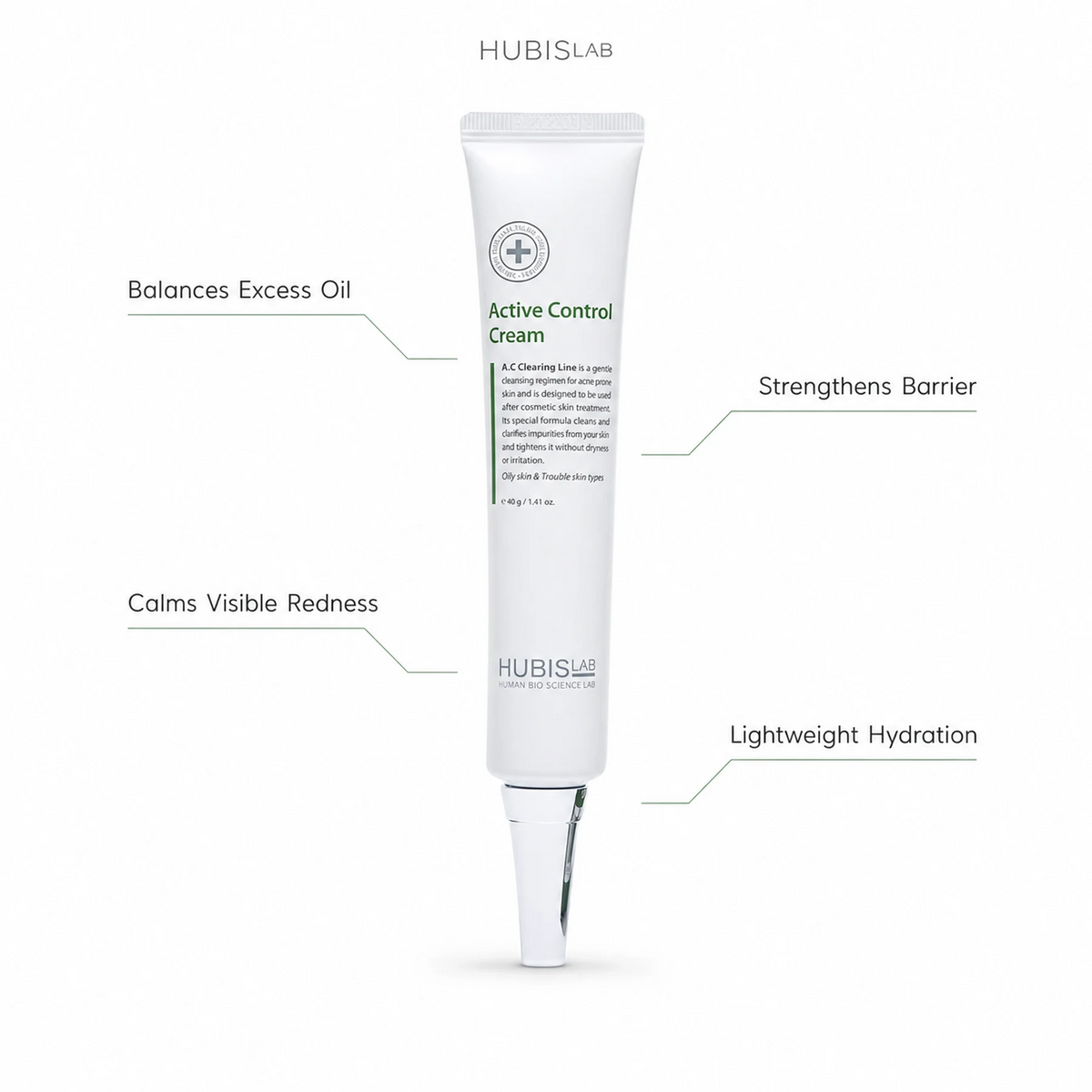 Hubislab A.C Clearing Active Control Cream 40ml with benefit callouts for excess oil balance, visible redness, barrier support and lightweight hydration.