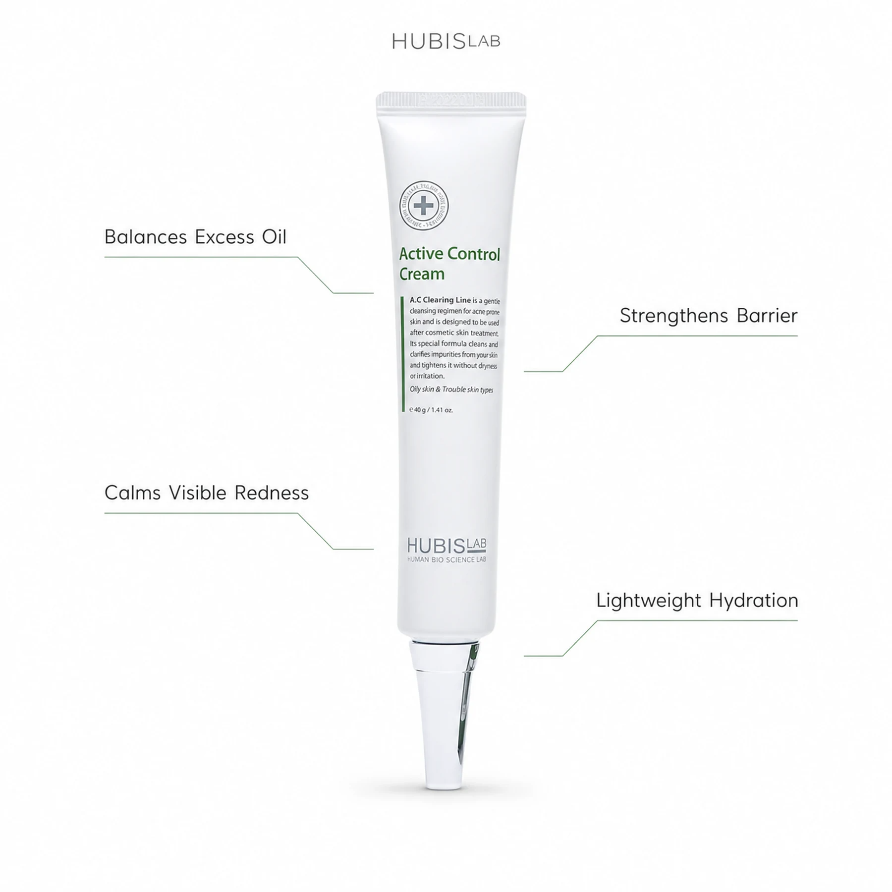 Hubislab A.C Clearing Active Control Cream 40ml with benefit callouts for excess oil balance, visible redness, barrier support and lightweight hydration.