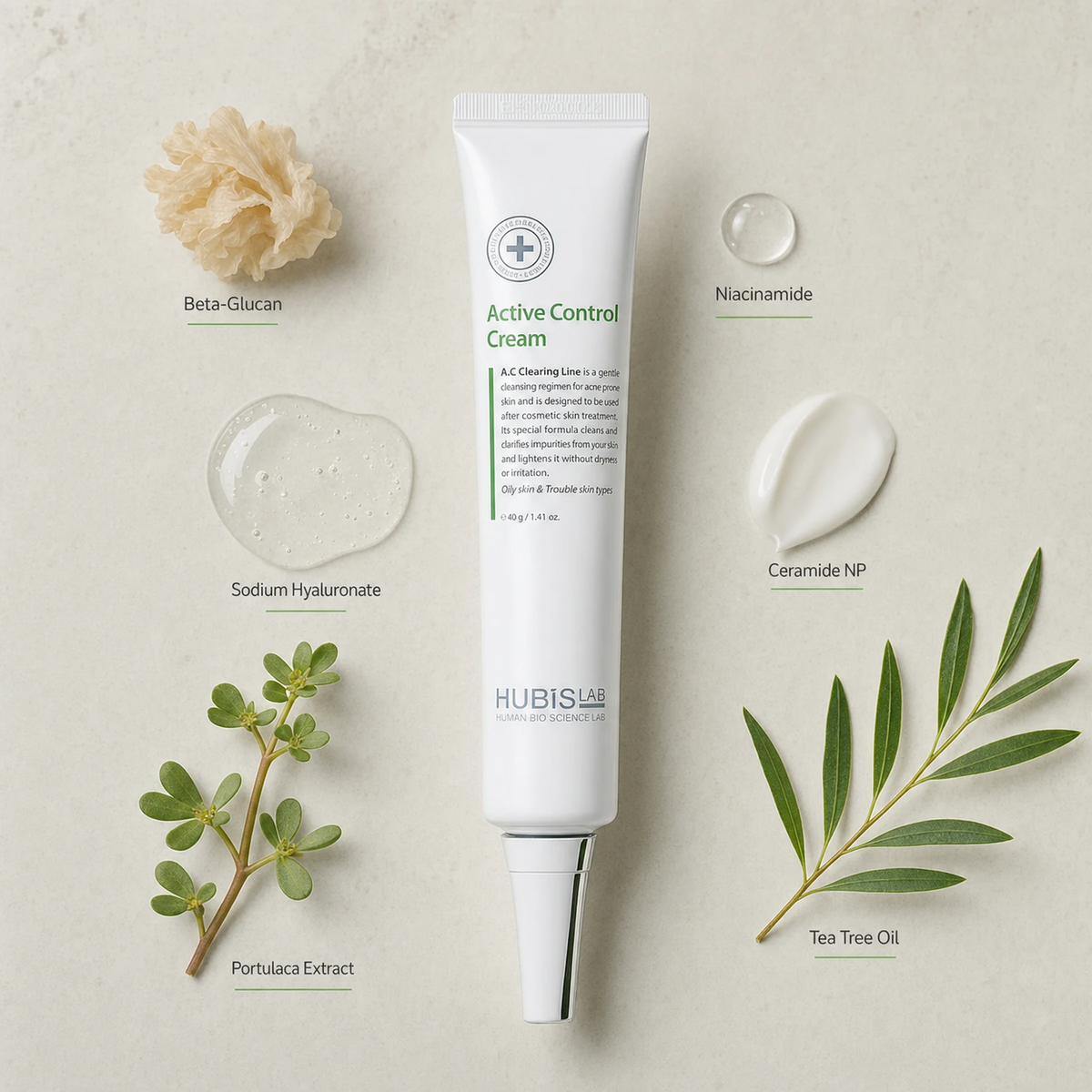 Hubislab A.C Clearing Active Control Cream 40ml ingredient flatlay featuring Beta-Glucan, Niacinamide, Ceramide NP, Tea Tree Oil, Portulaca Extract and Sodium Hyaluronate.