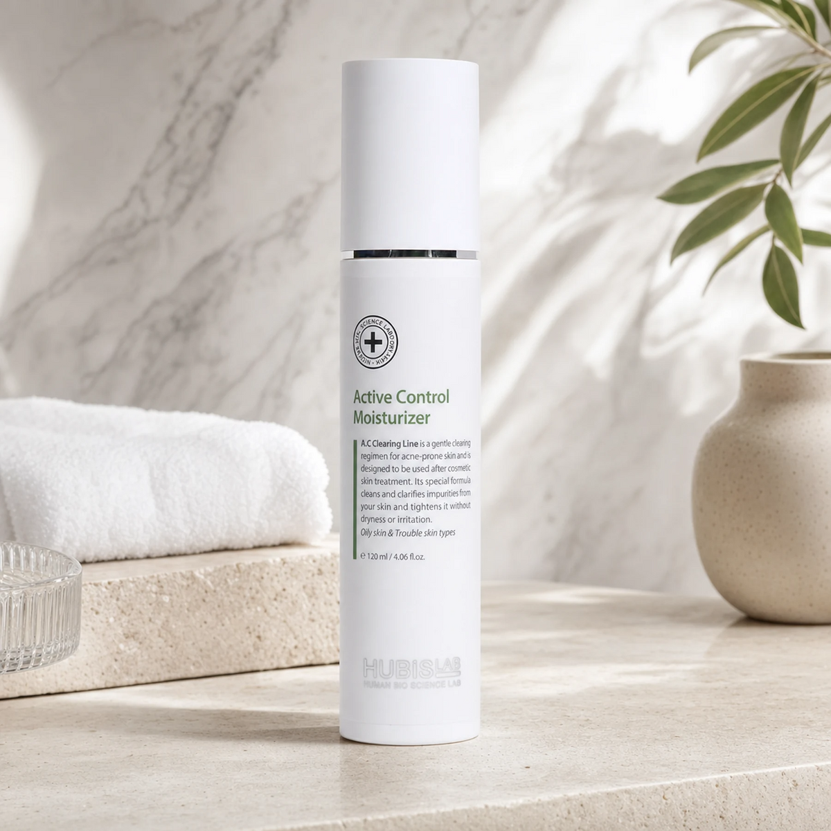 Hubislab A.C Clearing Active Control Moisturiser 120ml displayed on a premium bathroom vanity for oily and acne-prone skin.