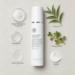 Hubislab A.C Clearing Active Control Moisturiser 120ml ingredient flatlay featuring Methyl Methacrylate Crosspolymer, Niacinamide, Sodium Hyaluronate, Tea Tree Oil, Portulaca Extract and Allantoin.